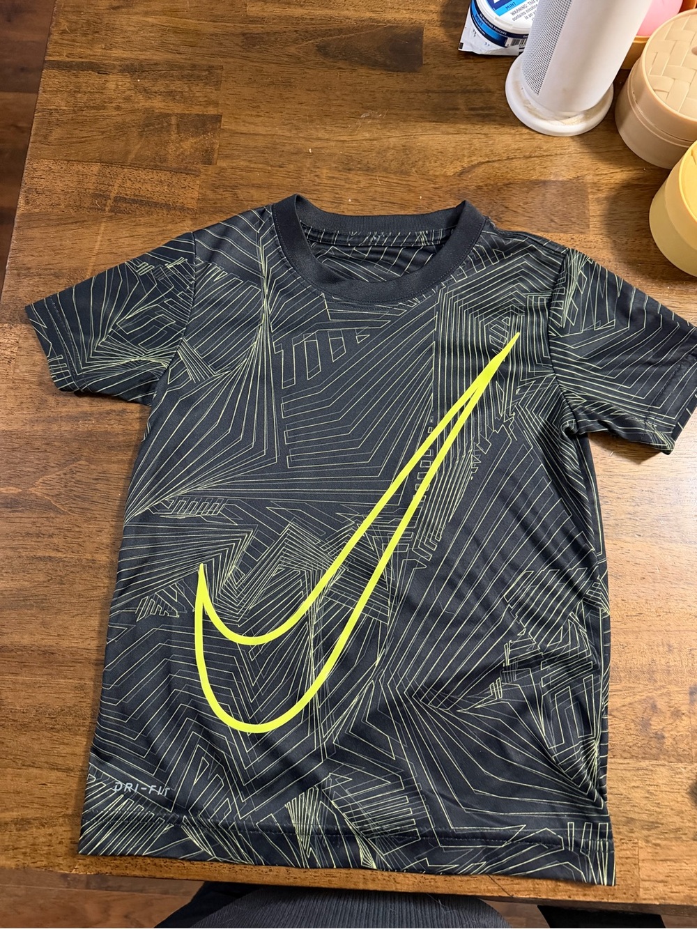 Nike Black Tee with Neon Yellow Swoosh & Geometric Print
